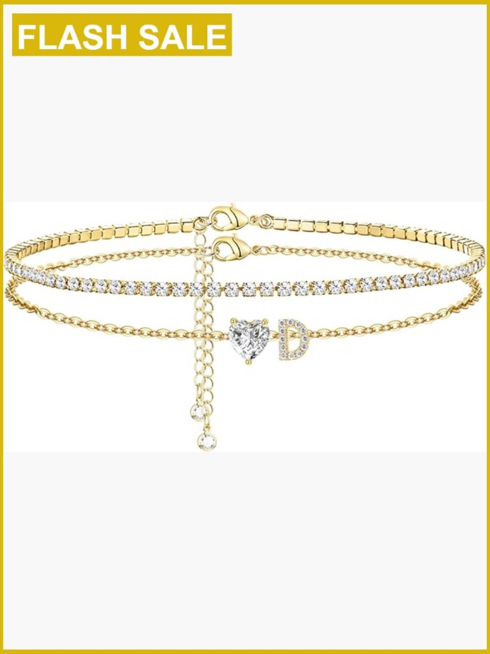 Gold Initial Ankle Bracelet CZ Heart Tennis Anklet Waterproof Layered
